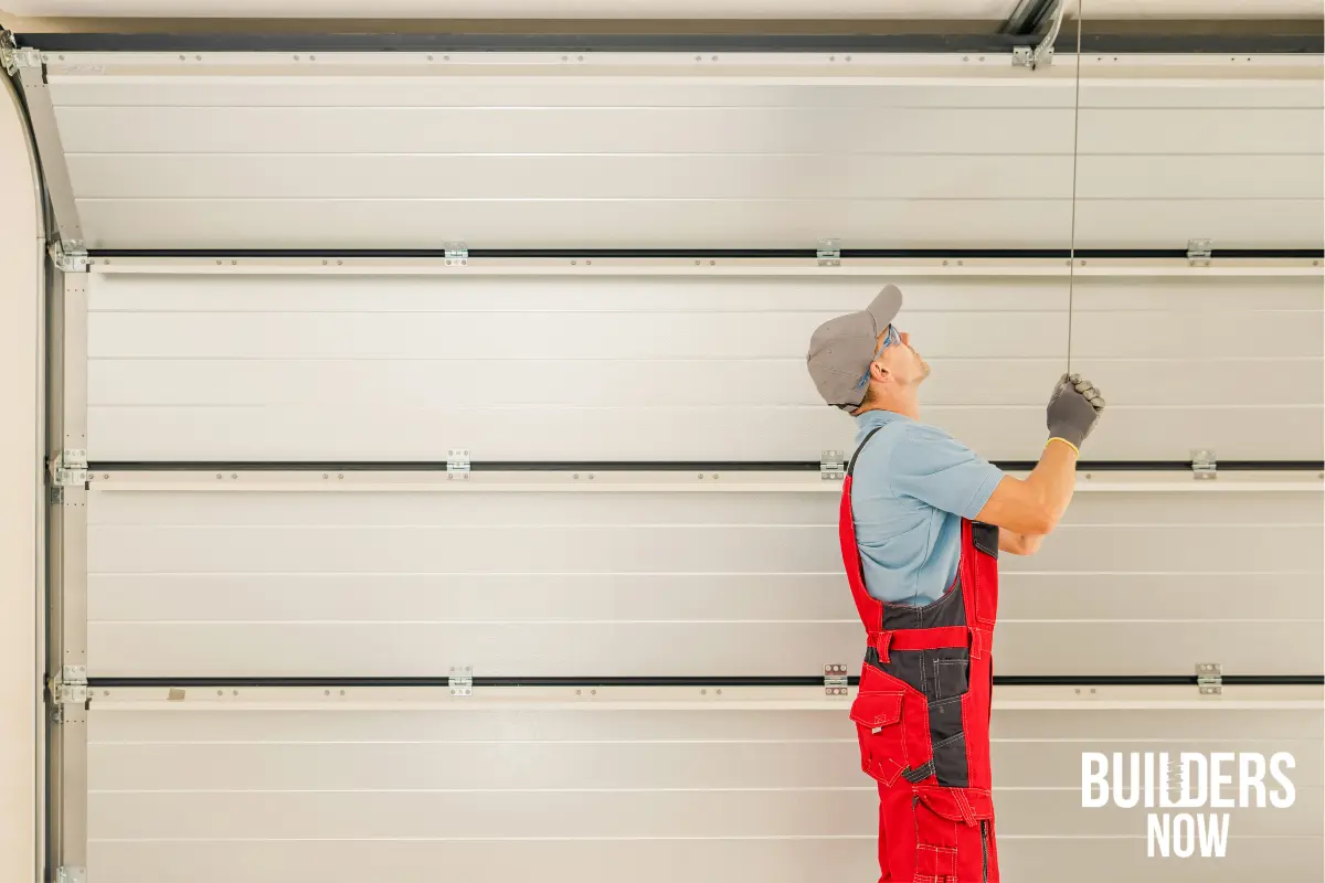 Worker inspecting a garage door for potential conversion to living space.