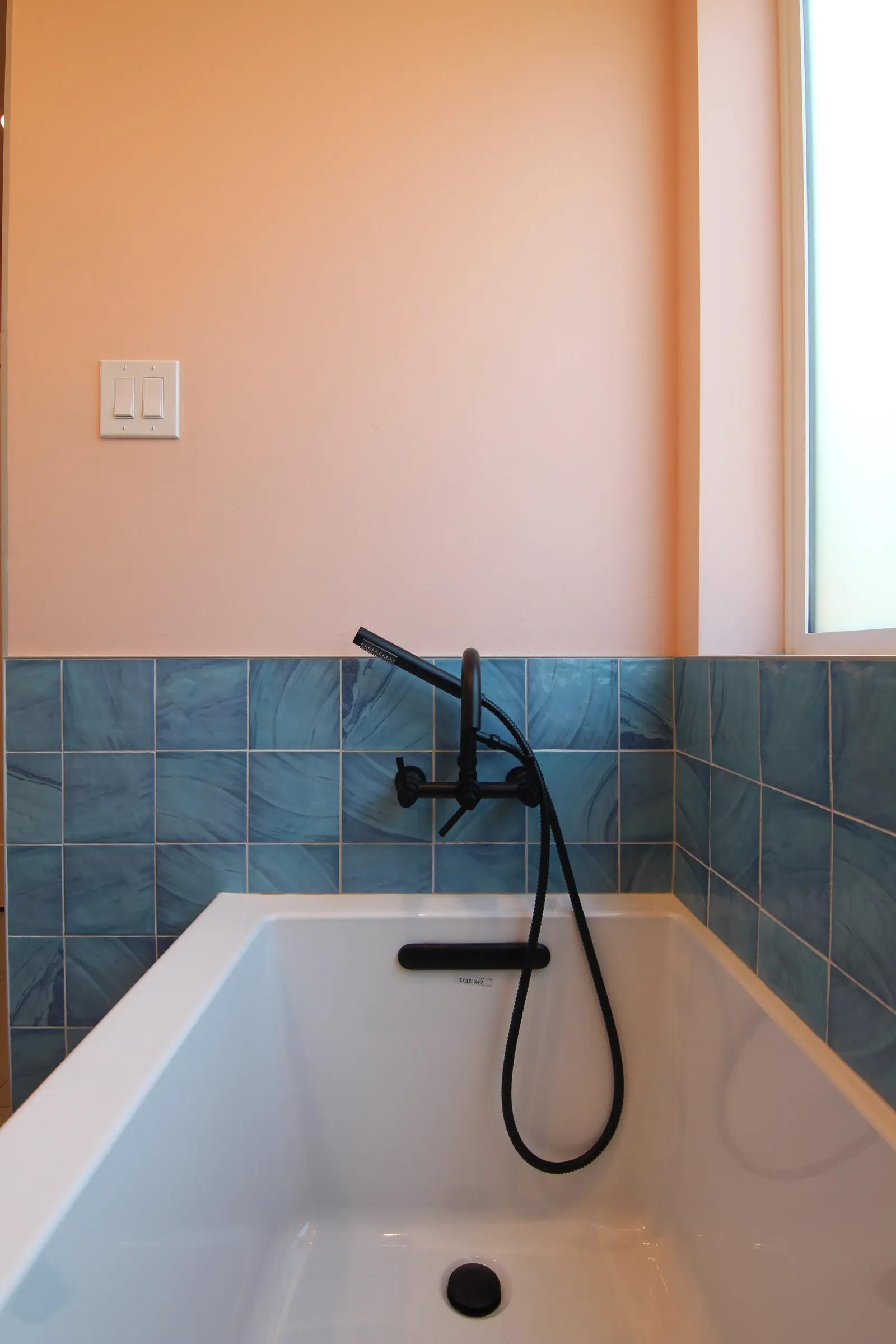 Bathroom with soaking tub and blue finishes