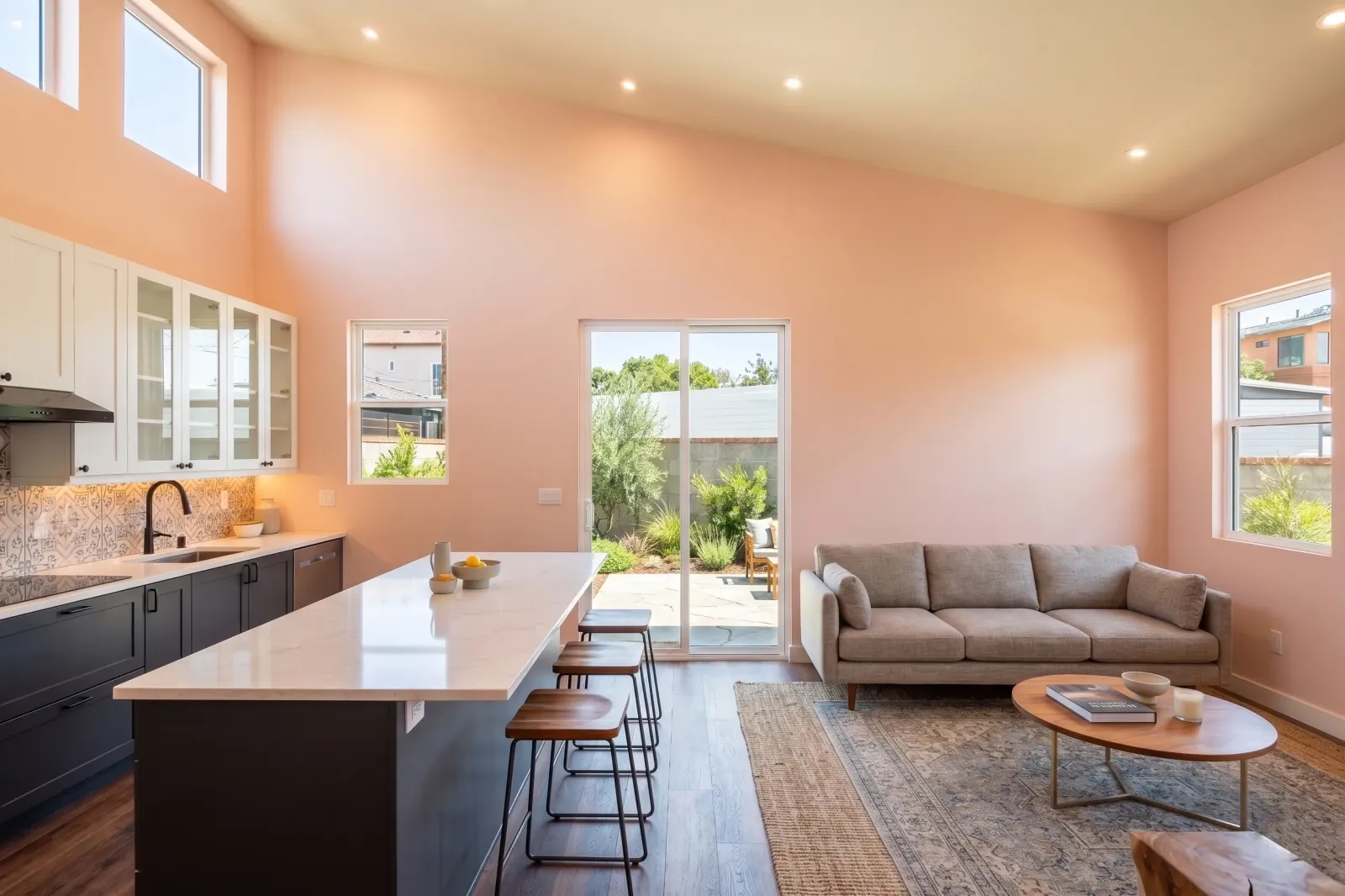 Open kitchen and living room with furniture